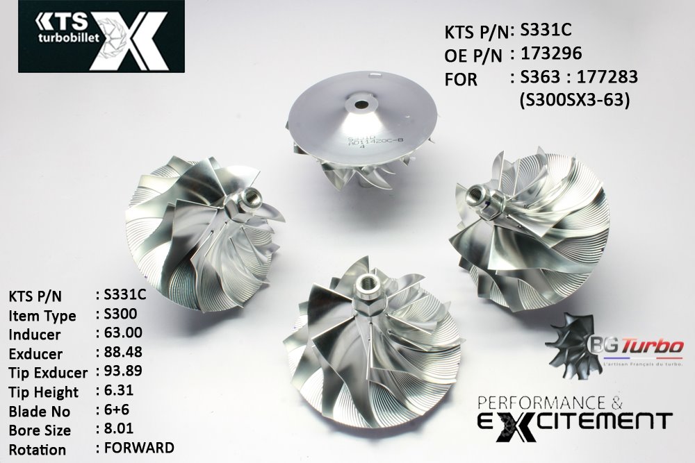 Turbo ROUE FORGÉE MFS PERFORMANCE - 6+6 PALES - INDUCER : 63 - EXDUCER : 88,481 - TYPE : S300ANGLE : 55° - ROTATION : Forward - SUPER BACK : 6,98 - BORE SIZE : 8,01

